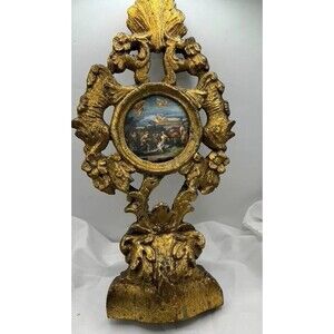 Antique Wood Baroque Painted Gold Gilt Religious Relic Holder Table Frame